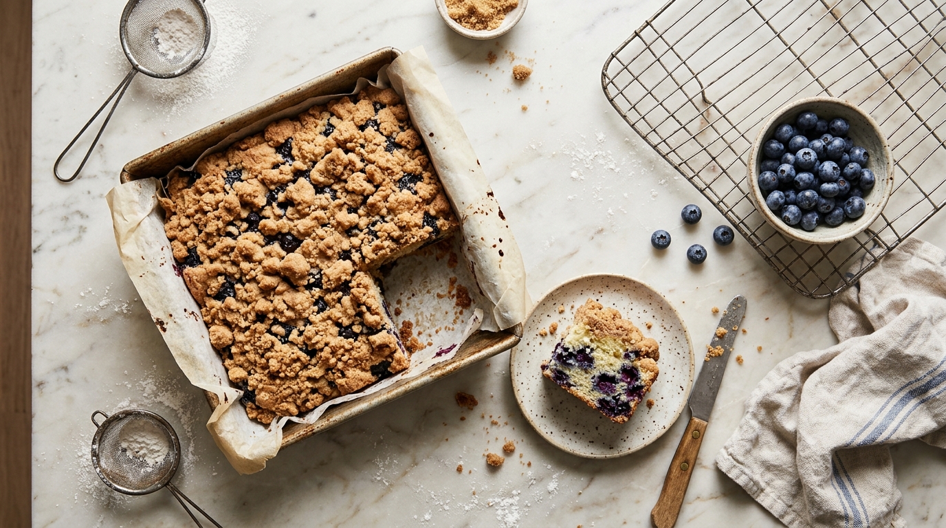 Baked blueberry crumb cake with its finished topping