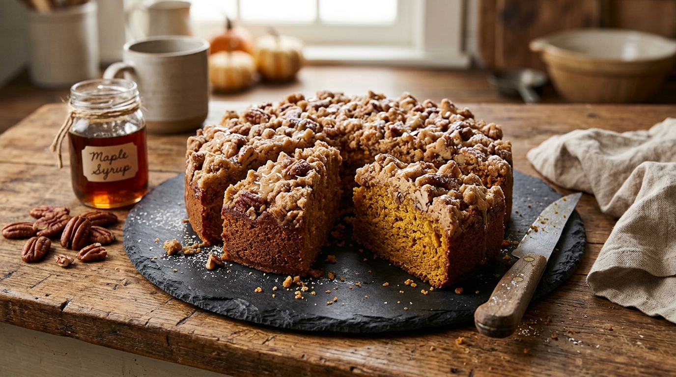 Baked pumpkin spice crumb cake with its finished topping