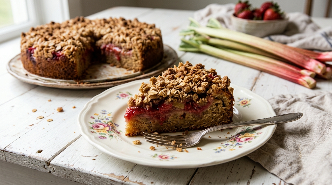 Baked strawberry rhubarb crumb cake with its finished topping