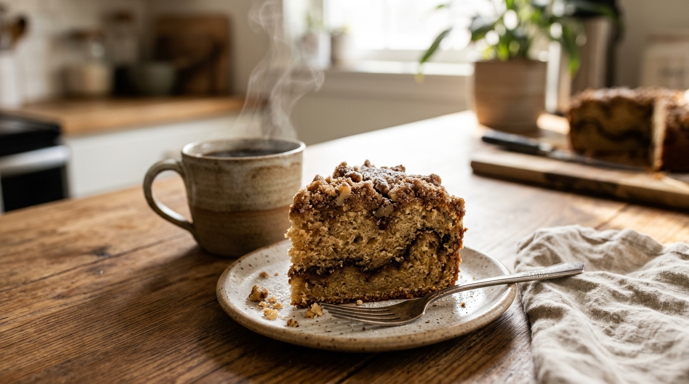 Baked sour cream coffee cake with its finished topping