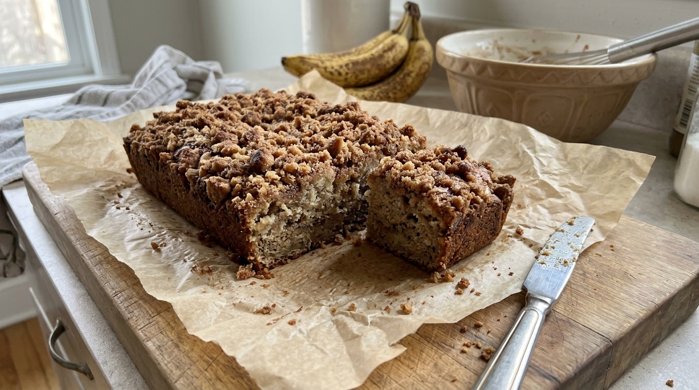Baked banana coffee cake with its finished topping