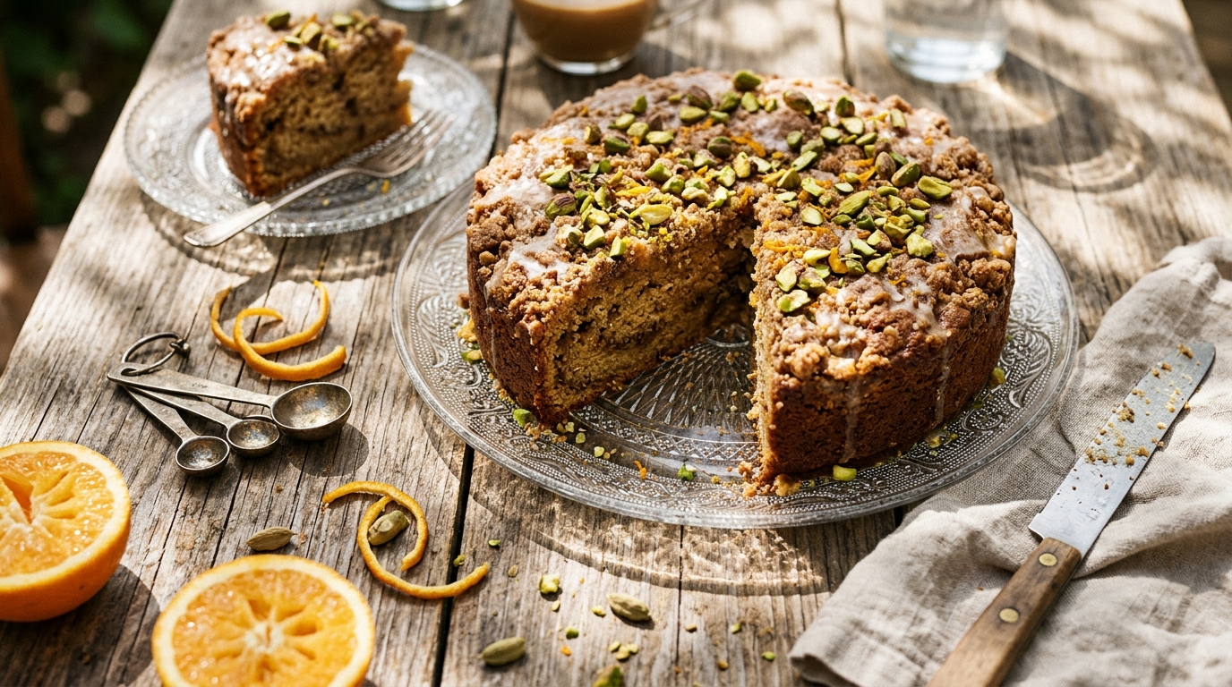 Baked orange cardamom coffee cake with its finished topping