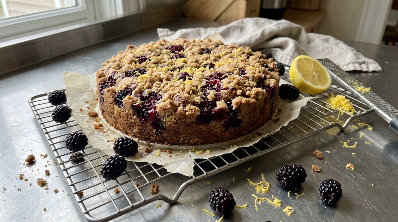 Baked blackberry coffee cake with its finished topping