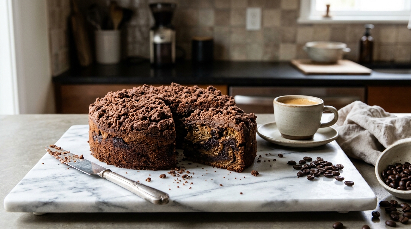 Baked espresso chocolate coffee cake with its finished topping
