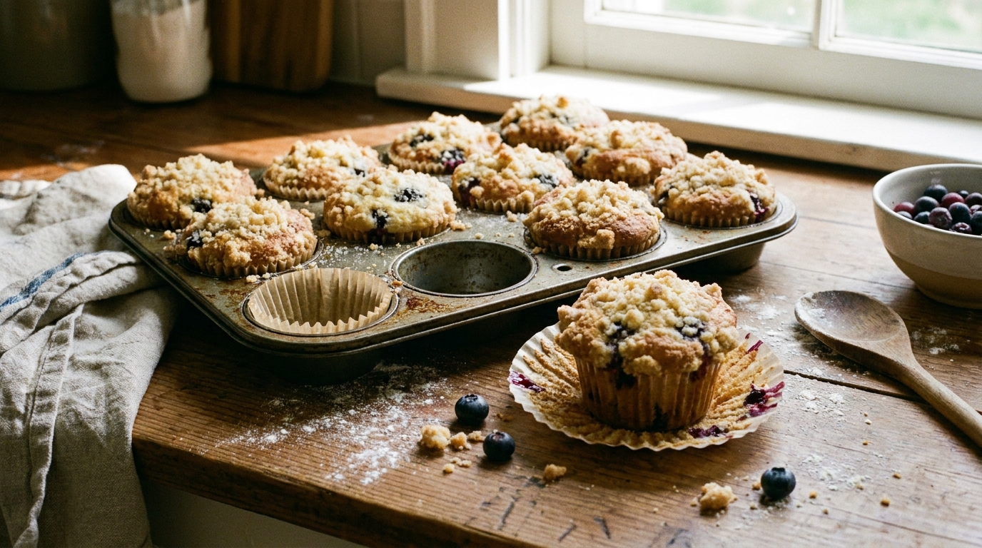 Baked bakery-style blueberry muffins with its finished topping