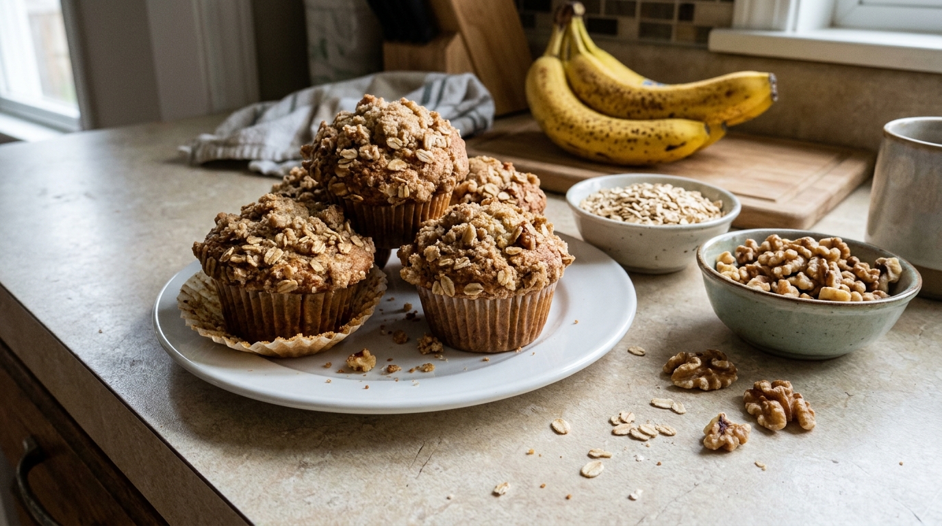 Baked banana walnut muffins with its finished topping