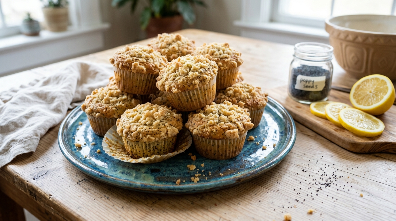 Baked lemon poppy seed muffins with its finished topping