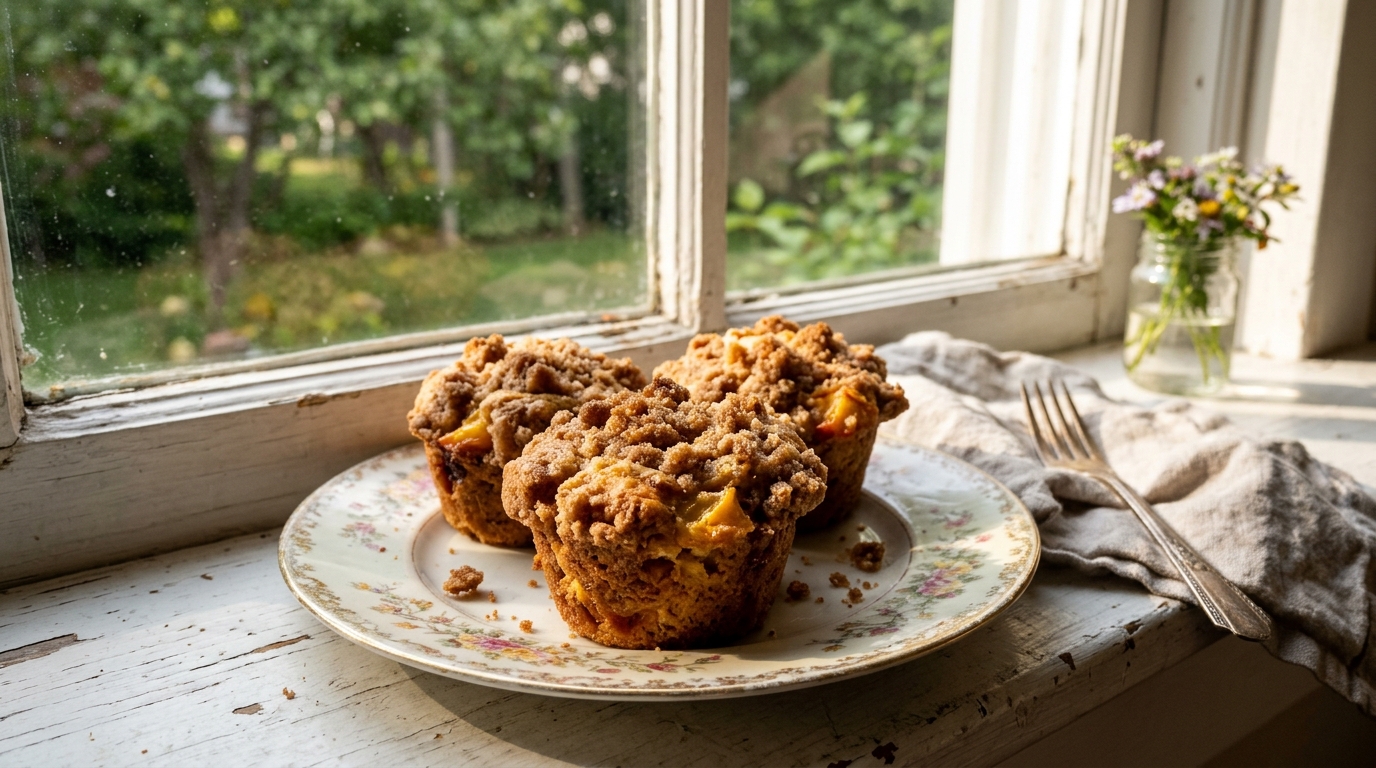 Baked peach cobbler muffins with its finished topping