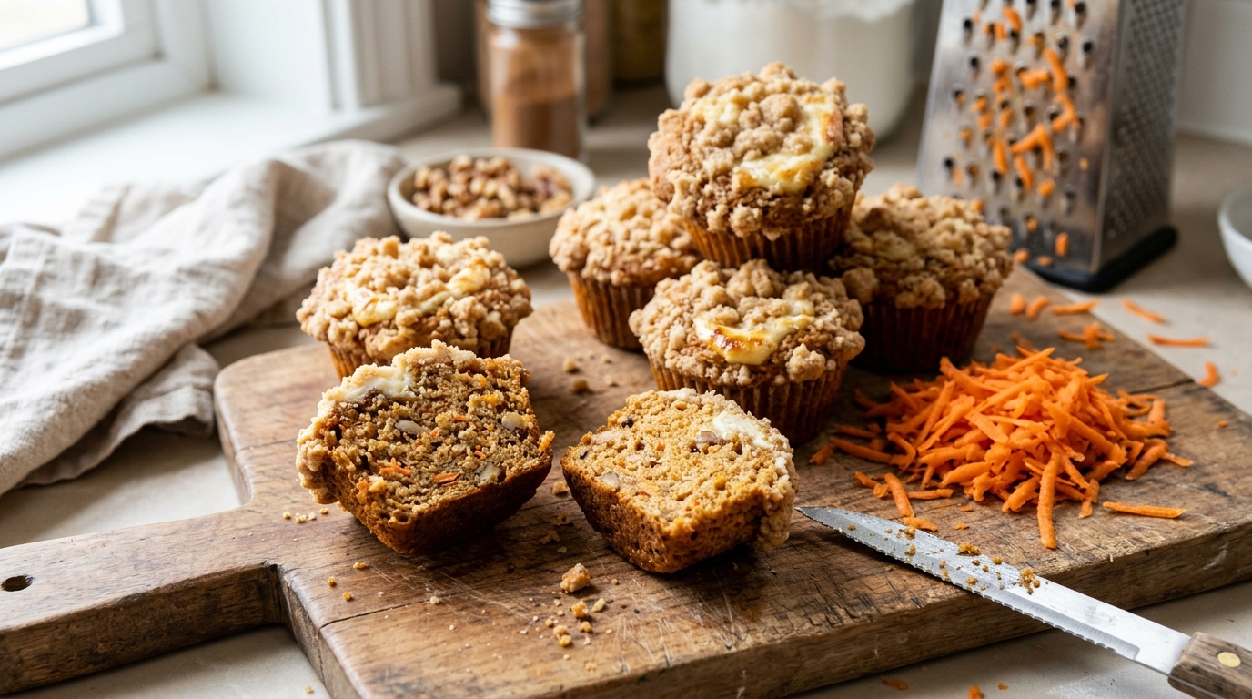Baked carrot cake muffins with its finished topping