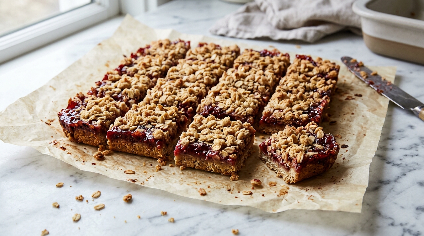 Baked raspberry jam crumb bars with its finished topping