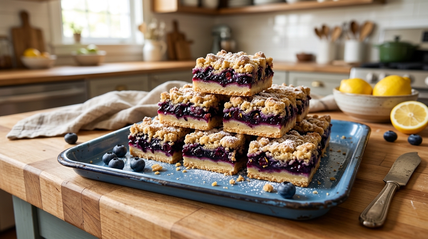 Baked blueberry lemon crumb bars with its finished topping