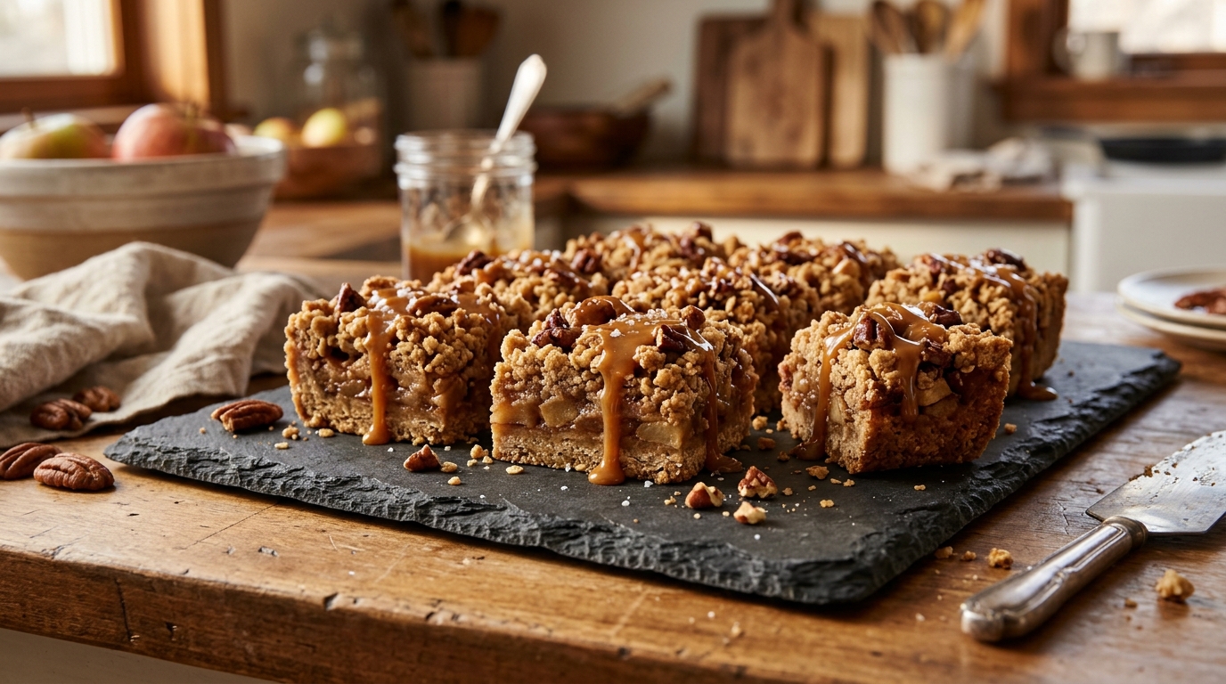 Baked salted caramel apple crumb bars with its finished topping