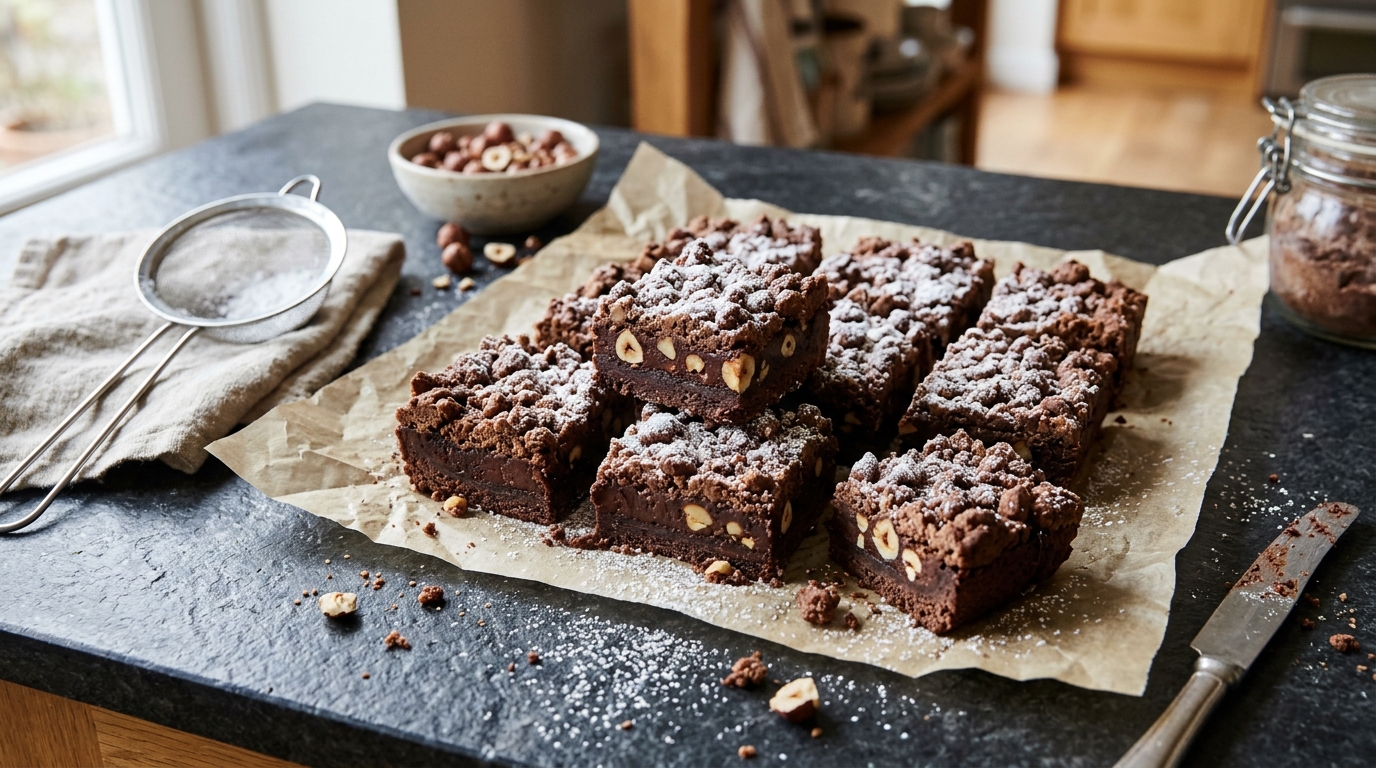 Baked chocolate hazelnut crumb bars with its finished topping