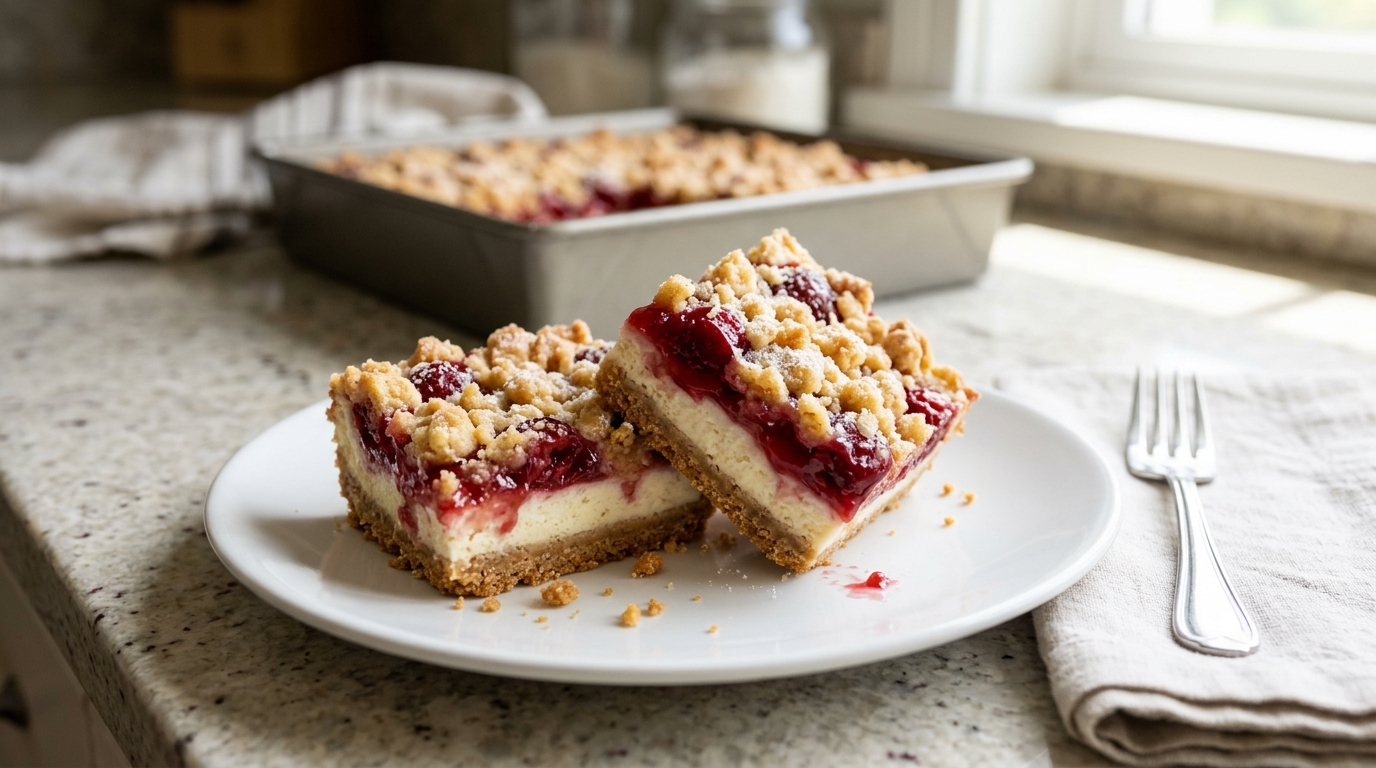 Baked cherry cheesecake crumb bars with its finished topping