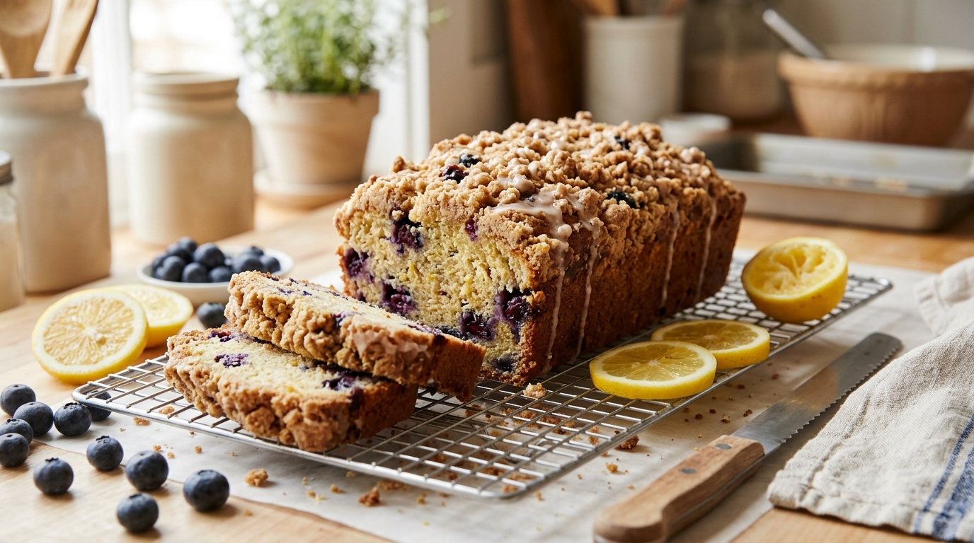 Baked lemon blueberry loaf with its finished topping