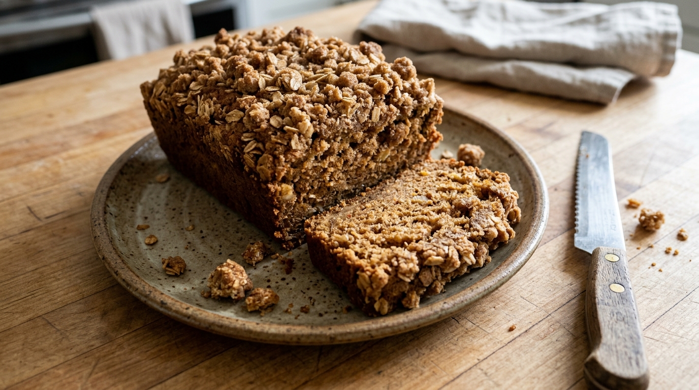 Baked apple spice bread with its finished topping