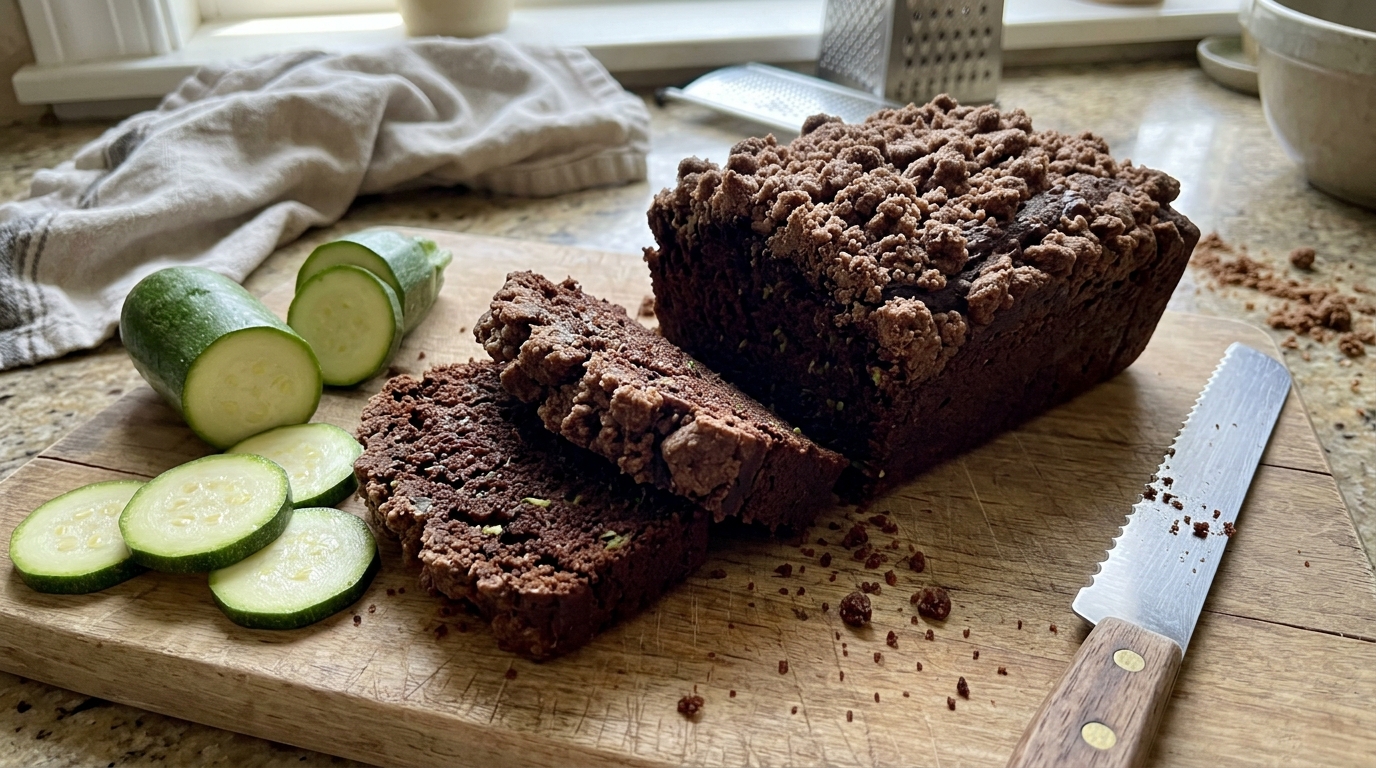 Baked chocolate zucchini bread with its finished topping