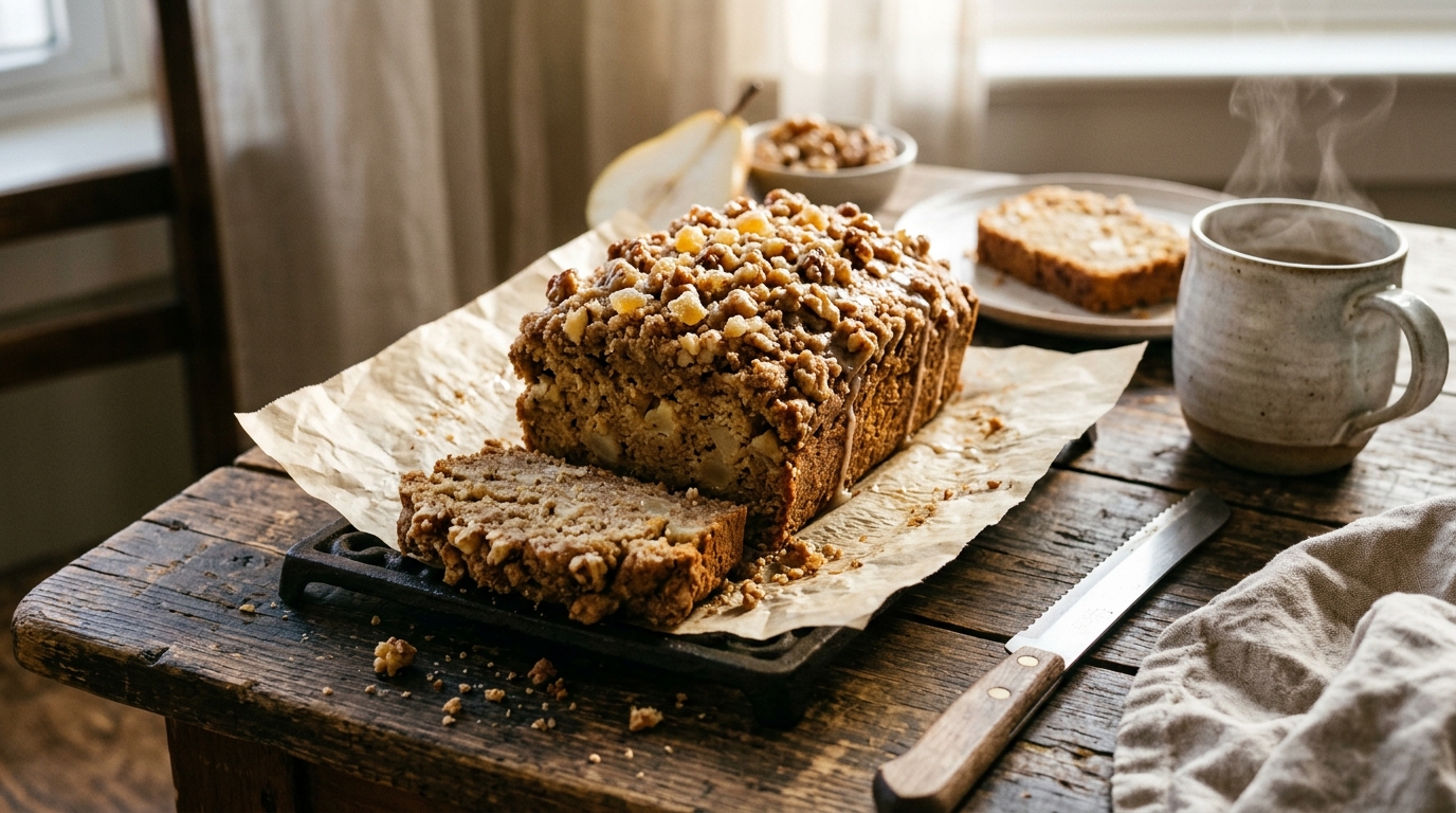 Baked maple pear bread with its finished topping