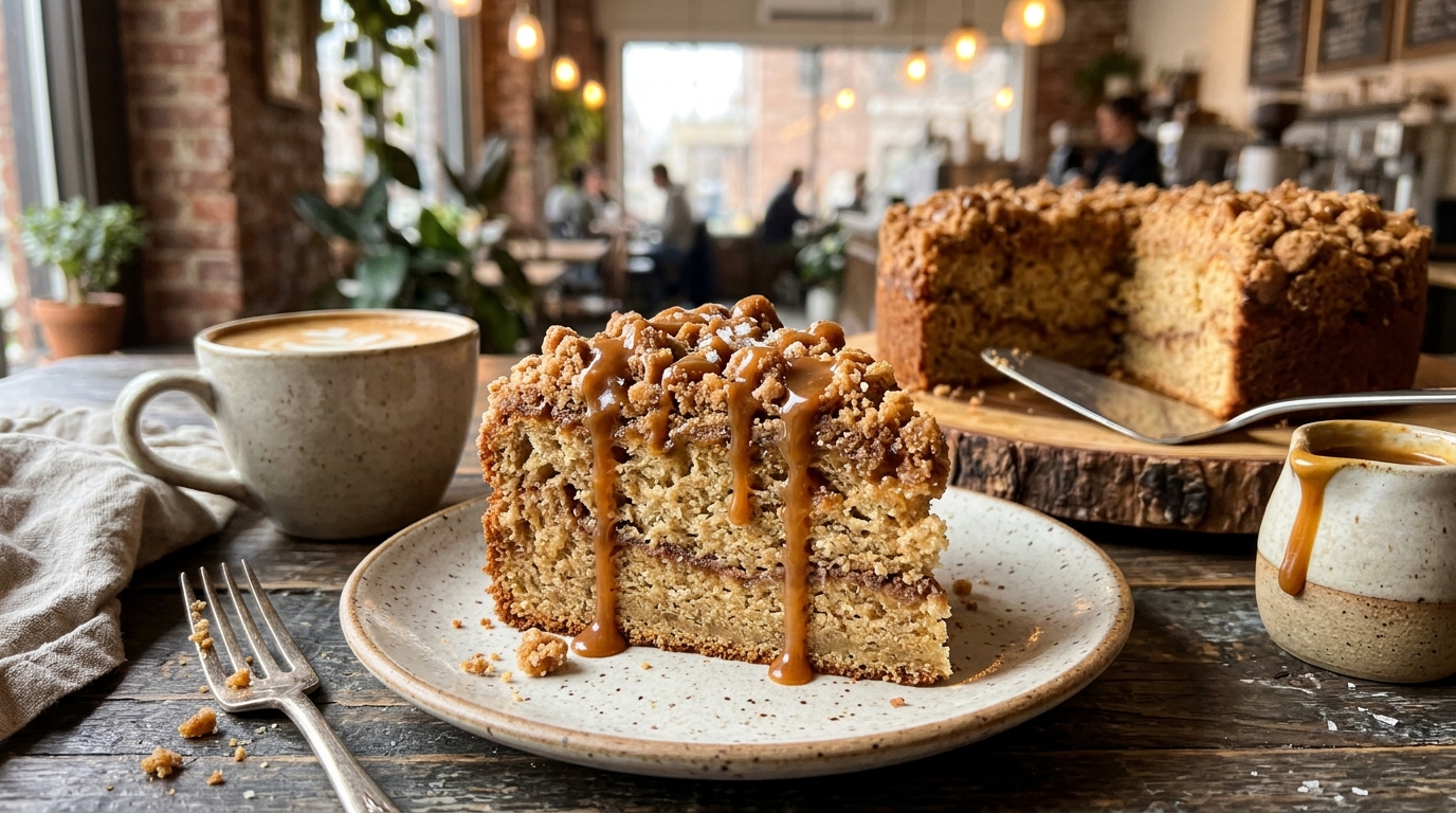 Close-up of Banana Coffee Cake with Salted Caramel Crumble Top