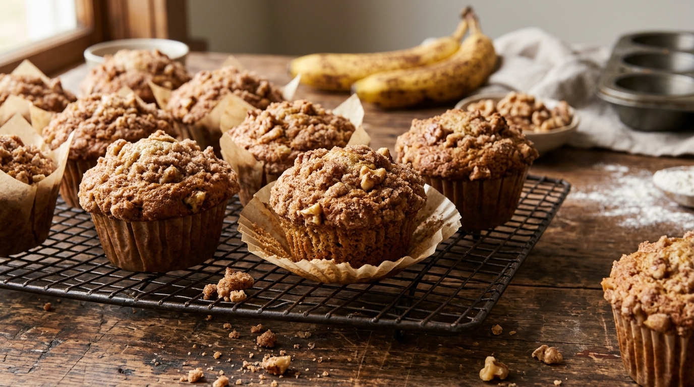 Close-up of Banana Walnut Muffins with Cinnamon Sugar Streusel