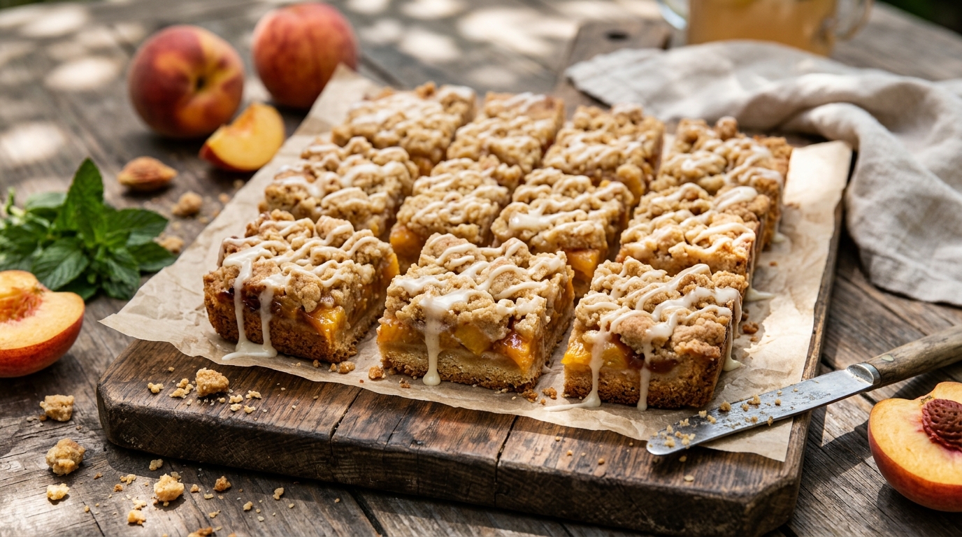 Brown Butter Peach Crumb Bars with Sweet Vanilla Glaze
