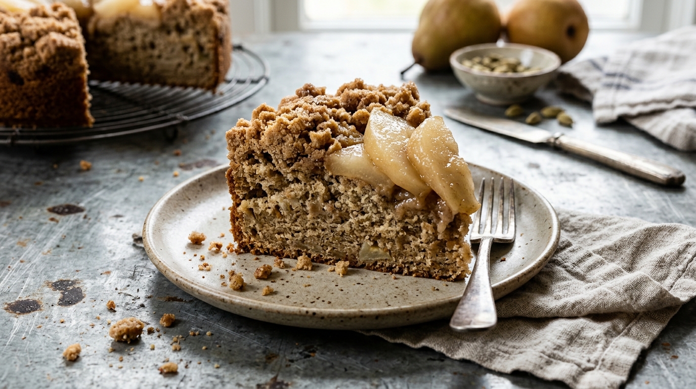 Cardamom Pear Coffee Cake with Brown Butter Crumbs