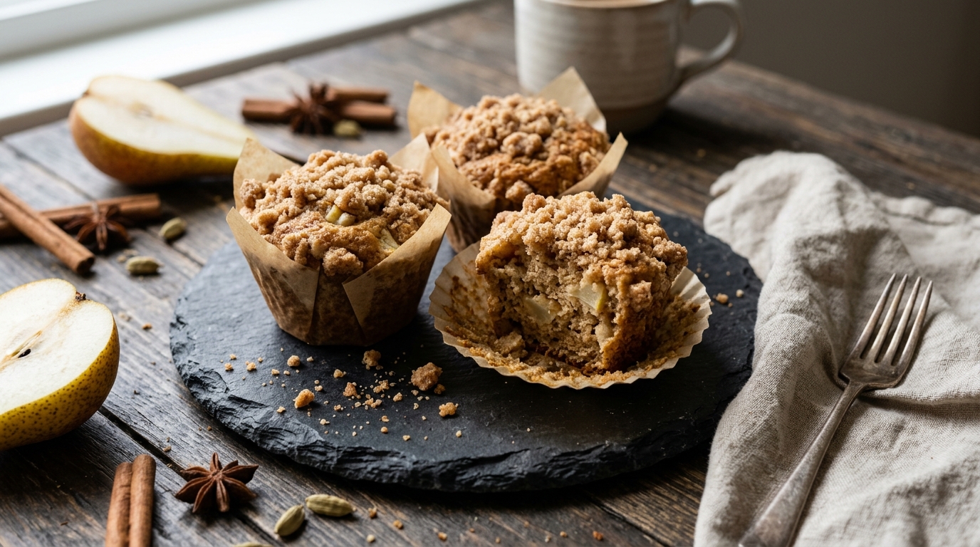 Close-up of Chai Spiced Pear Muffins with a Maple Crumb Topping