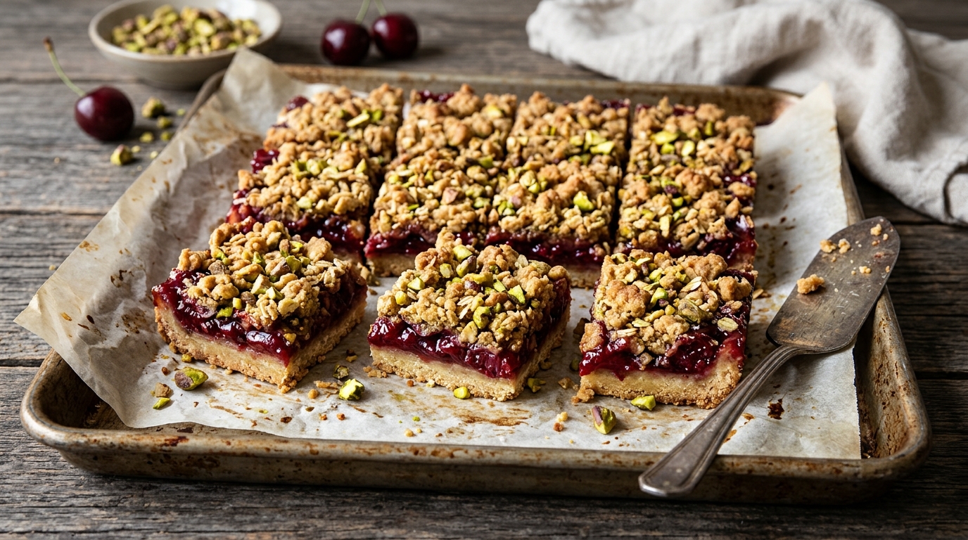 Cherry Pistachio Crumb Bars with Buttery Shortbread