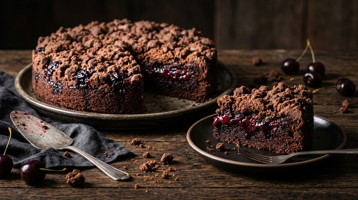 Close-up of Chocolate Cherry Crumb Cake with Cocoa Streusel Top