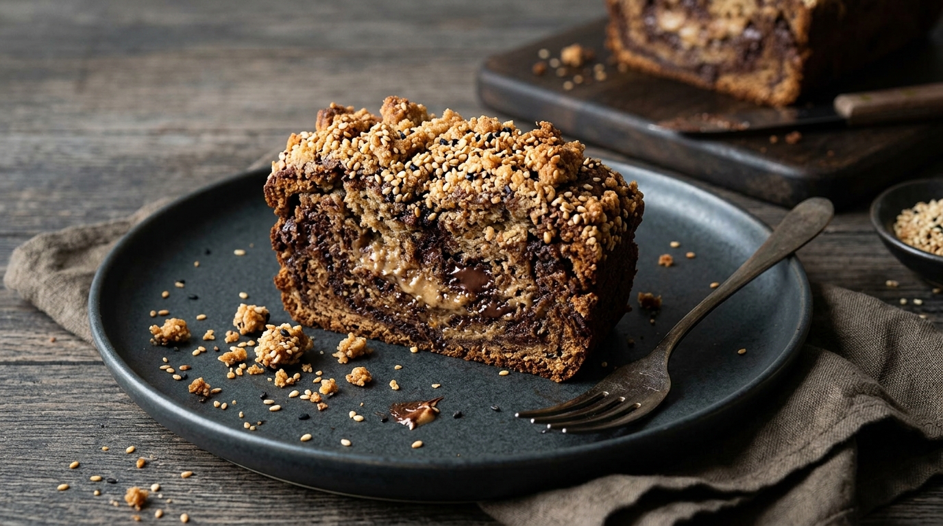 Close-up of Chocolate Tahini Banana Bread with Toasted Sesame Crumble