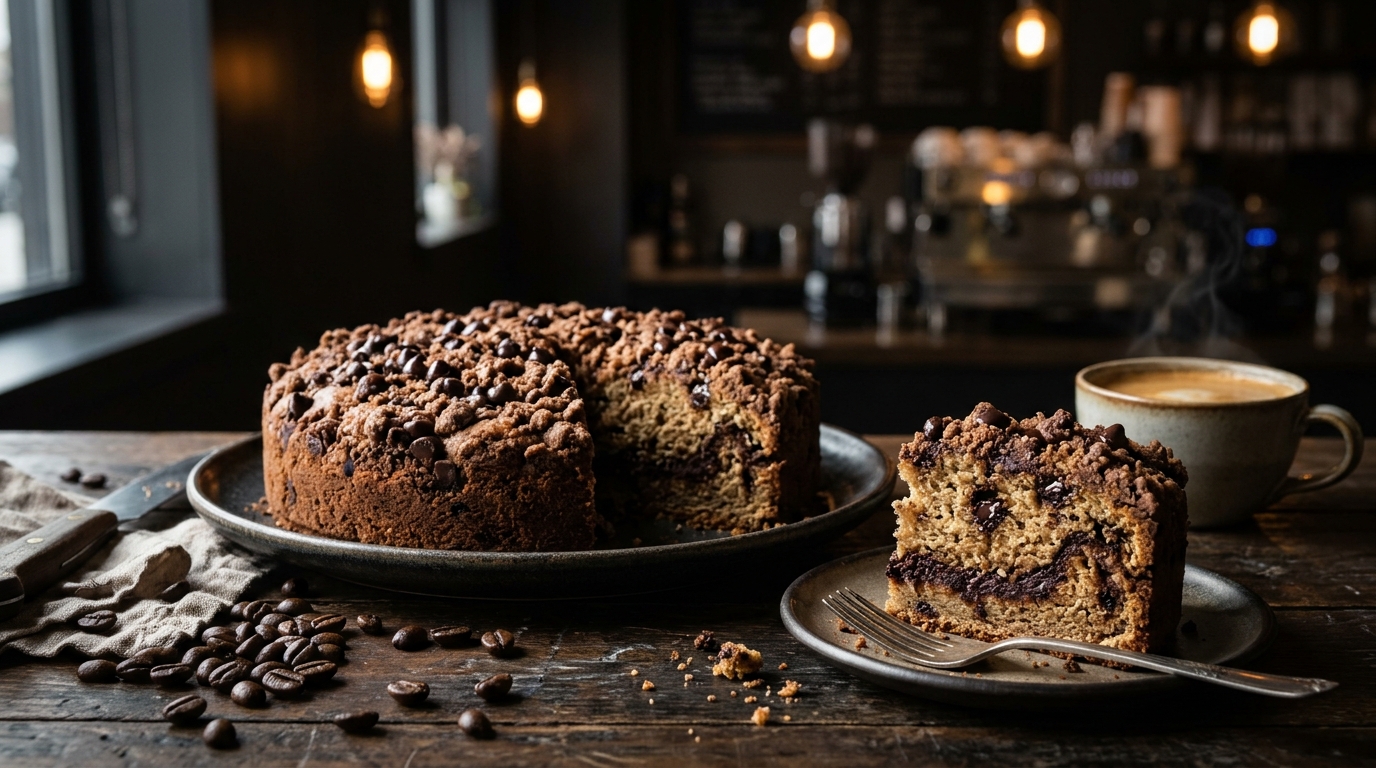 Close-up of Espresso Chocolate Chip Coffee Cake with Cocoa Swirl