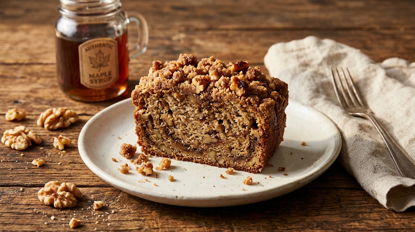 Close-up of Maple Walnut Quick Bread with Brown Sugar Streusel