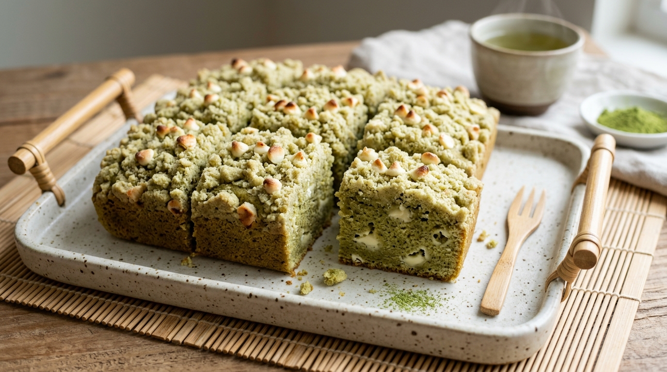 Close-up of Matcha White Chocolate Coffee Cake with Crumb Topping