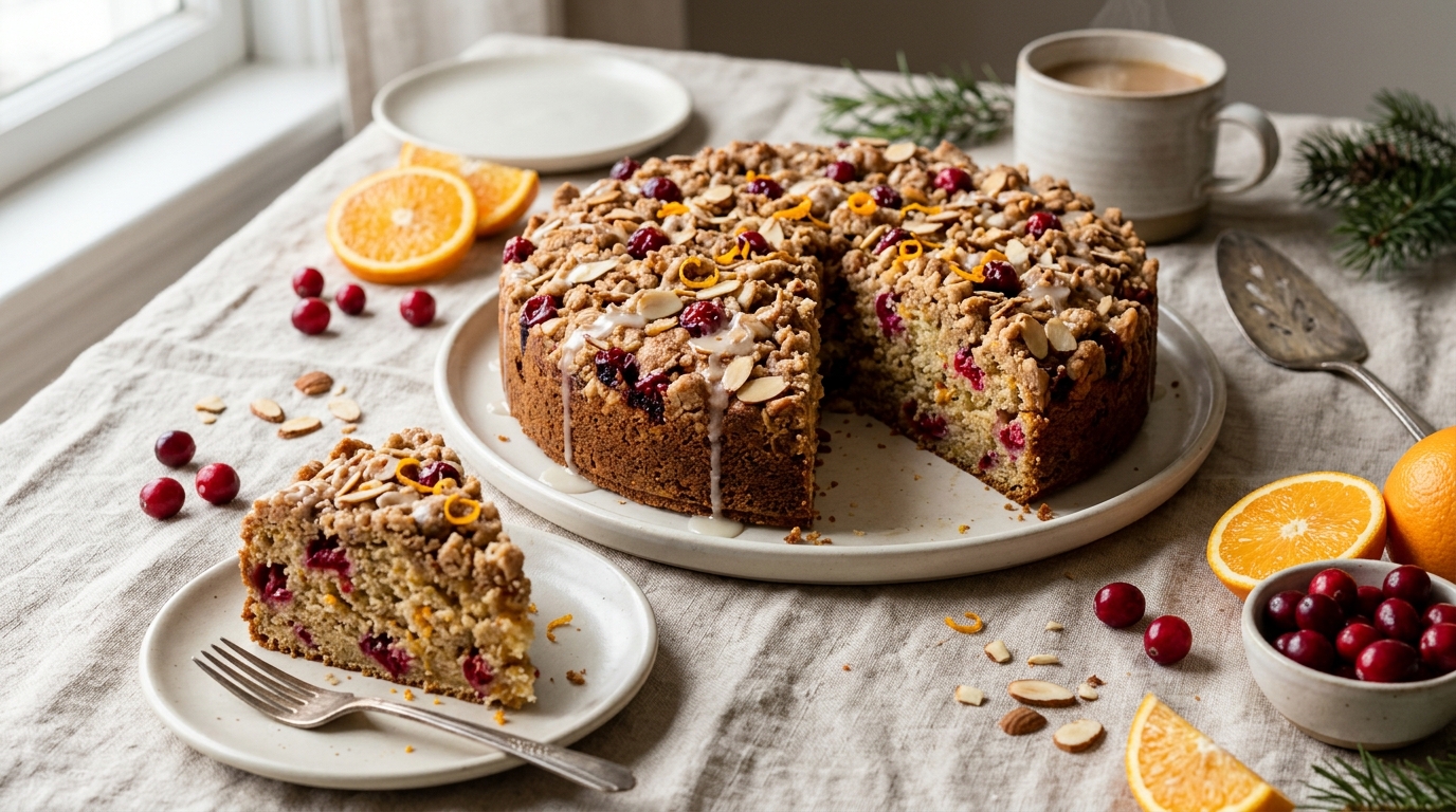 Close-up of Orange Cranberry Coffee Cake with Toasted Almond Streusel