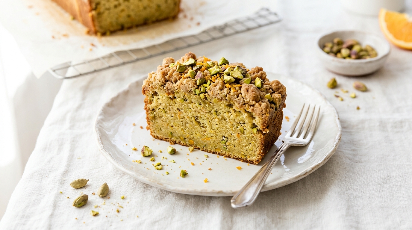 Close-up of Orange Pistachio Loaf Cake with Cardamom Crumb Topping