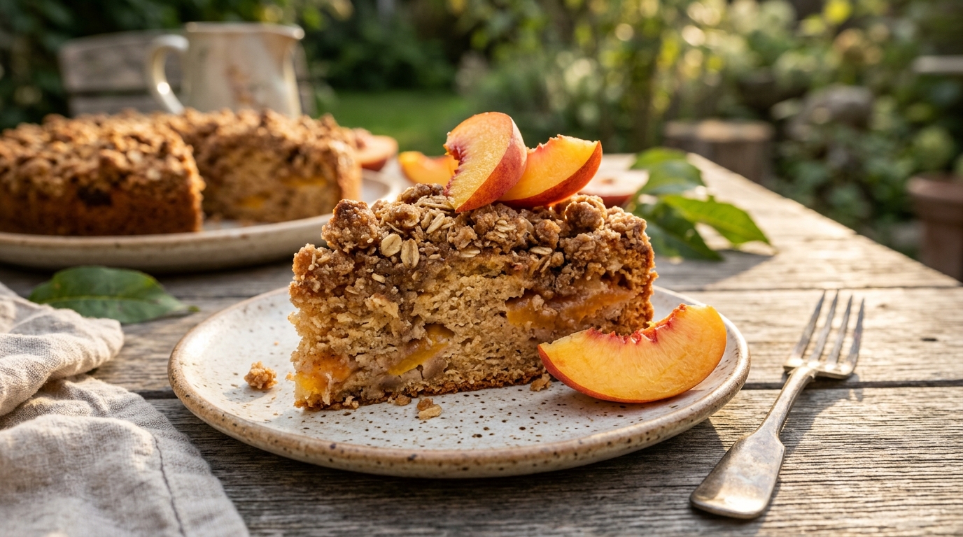 Close-up of Peach Crumb Cake with Brown Sugar and Oat Streusel