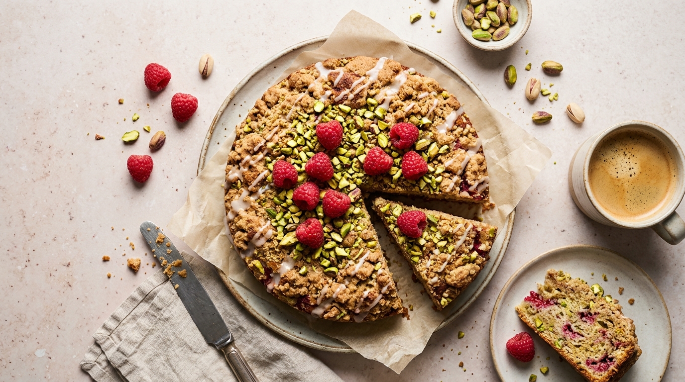Close-up of Pistachio Raspberry Coffee Cake with Vanilla Glaze