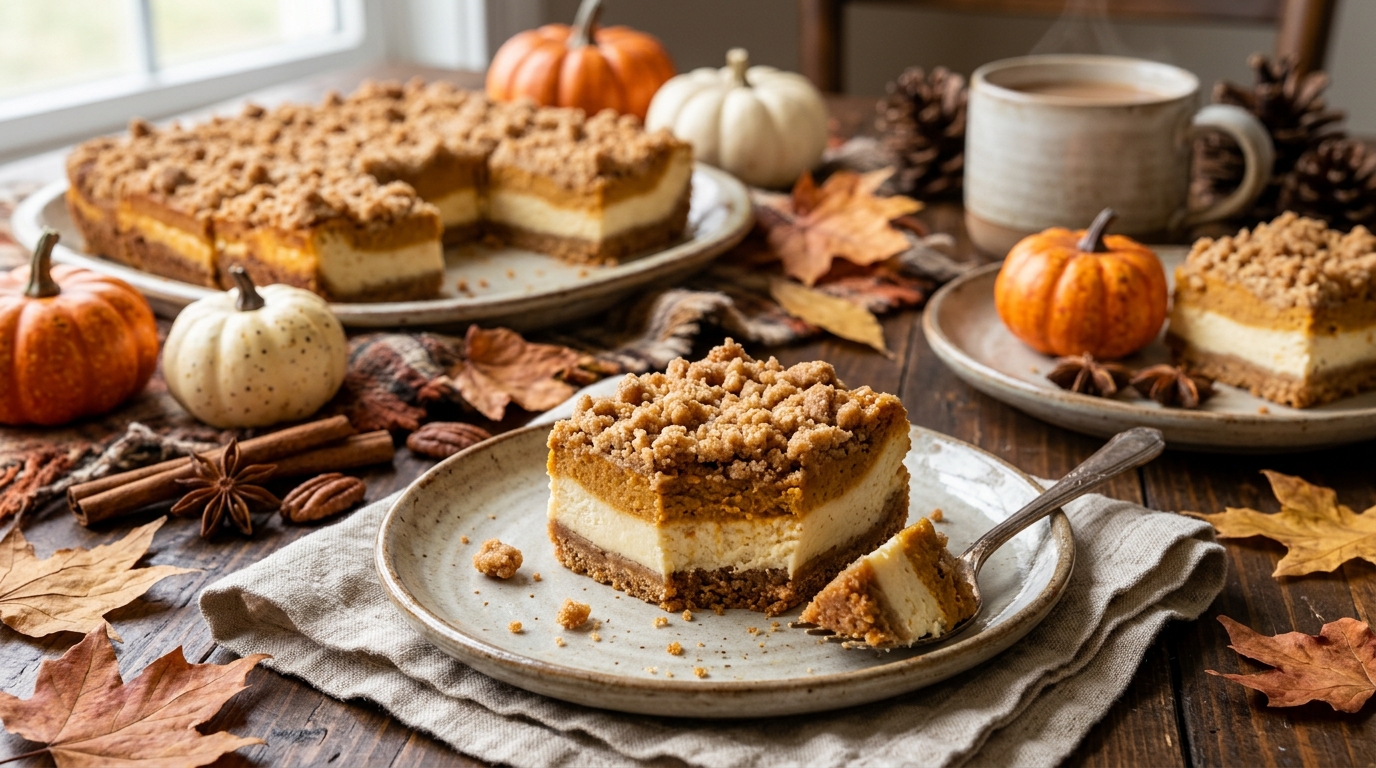 Pumpkin Cheesecake Crumb Bars with Spiced Cinnamon Crust