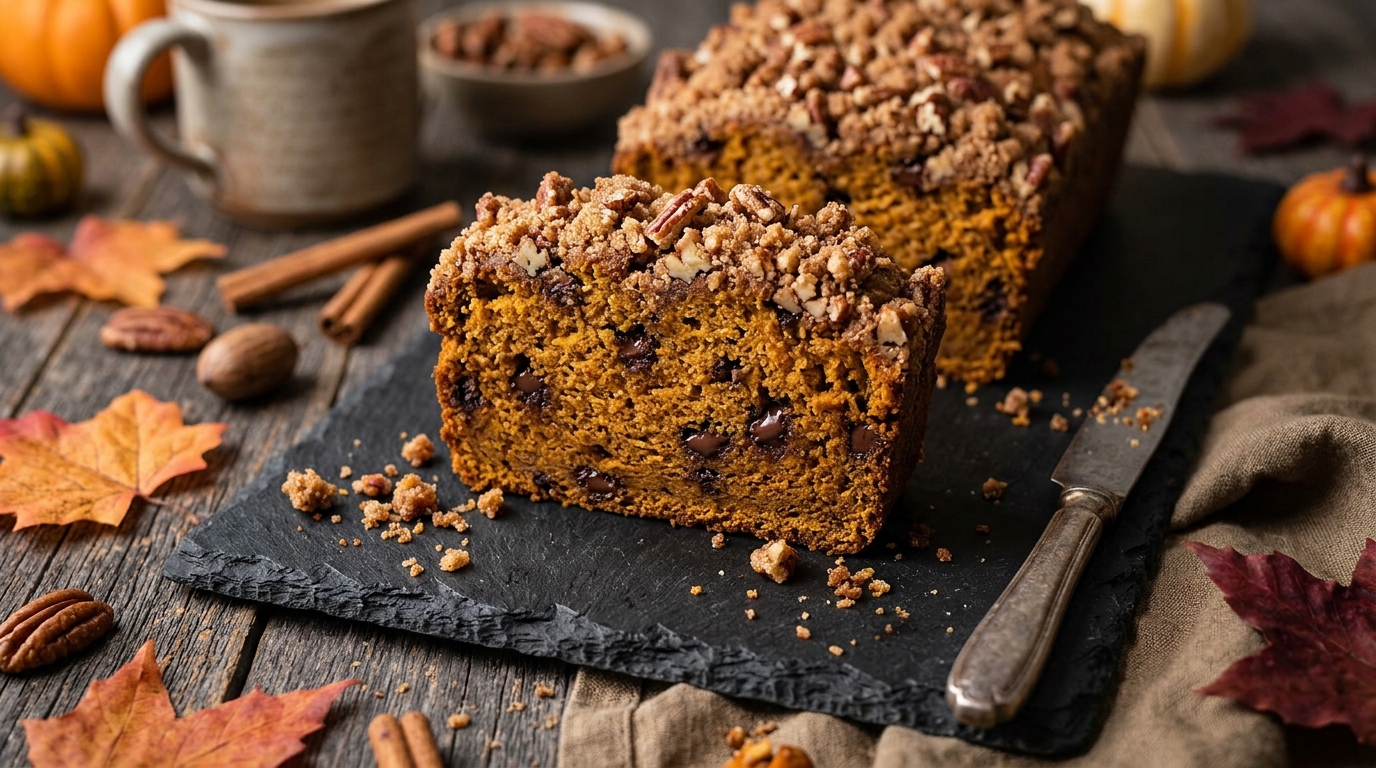 Pumpkin Chocolate Chip Bread with Pecan Crumb Topping