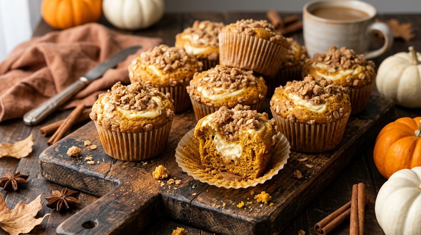 Close-up of Pumpkin Cream Cheese Muffins with Streusel Topping