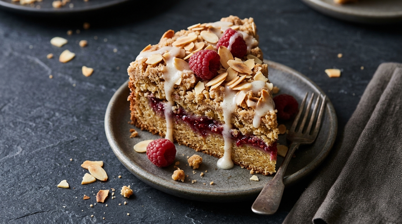 Close-up of Raspberry Almond Crumb Cake with Vanilla Bean Glaze