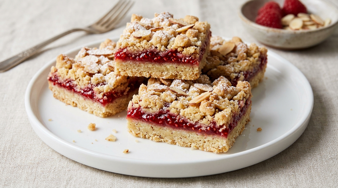Raspberry Jam Streusel Bars with Almond Shortbread