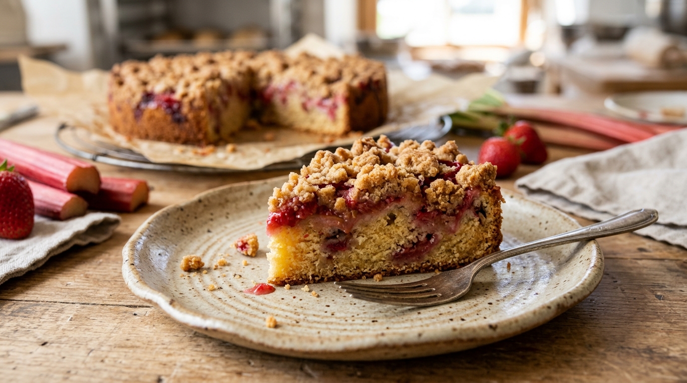 Close-up of Strawberry Rhubarb Crumb Cake with Golden Streusel