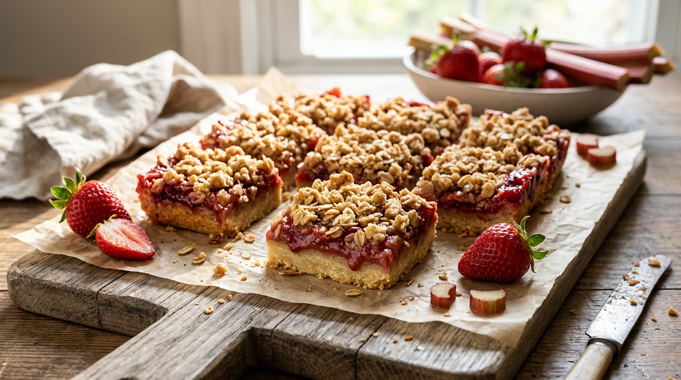 Strawberry Rhubarb Crumble Bars with Buttery Oat Streusel