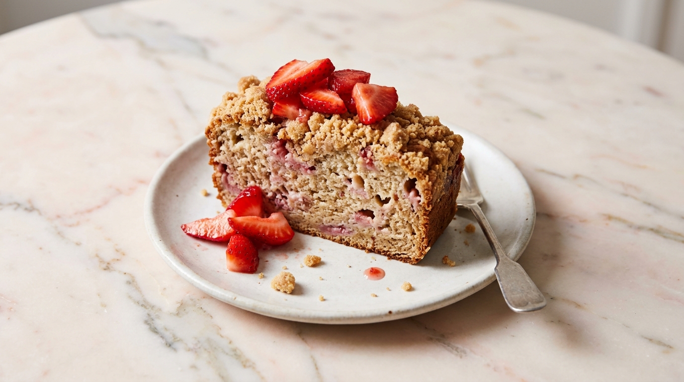 Close-up of Strawberry Yogurt Bread with Vanilla Crumble Topping